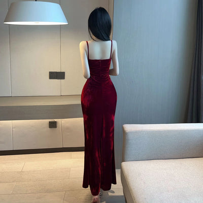 t V-neck Low cut Velvet sling ceremonial dress Side Split Slim Wrap buttocks Long Dress UR6Y
