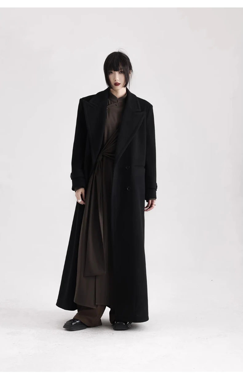 Winter Luxury Extra Long Black Warm Soft Wool & blends Coat for Women