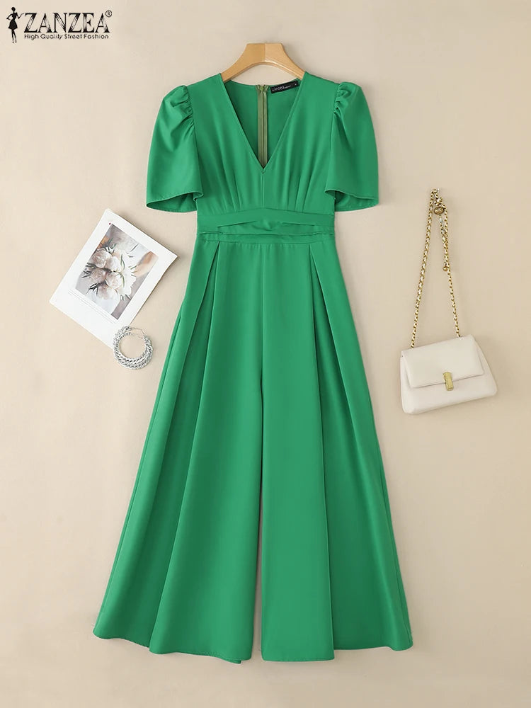 Office Casual Loose Short Sleeve Playsuits Solid Color Wide Leg Jumpsuits