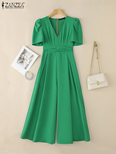 Office Casual Loose Short Sleeve Playsuits Solid Color Wide Leg Jumpsuits