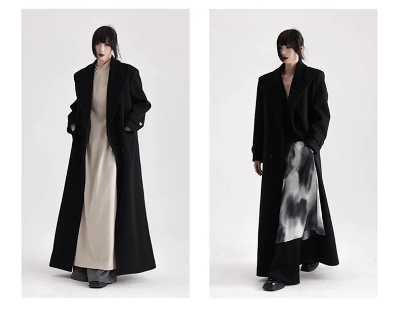 Winter Luxury Extra Long Black Warm Soft Wool & blends Coat for Women