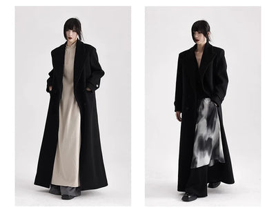 Winter Luxury Extra Long Black Warm Soft Wool & blends Coat for Women