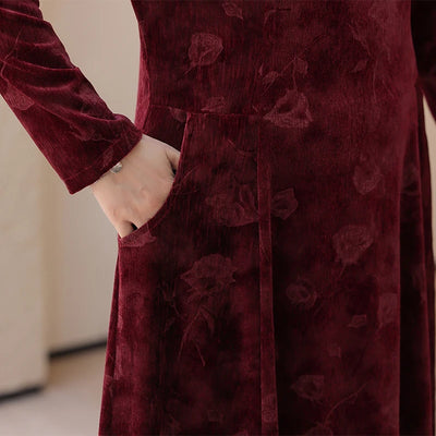V-Neck Long Sleeve Velvet Dress Women's Meticulous Pocket Mid-Length Gown
