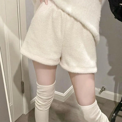 Mink Fur Shorts Women Y2k Loose A-line Wide Leg