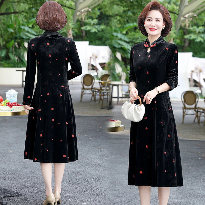 Embroidery Gold Velvet Cheongsam Long Dress Women