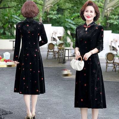 Embroidery Gold Velvet Cheongsam Long Dress Women