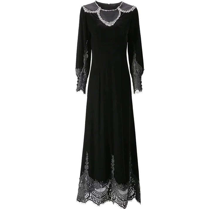 MARYYIMEI Fashion design Women's Dress Lace Splicing Long-Sleeved Beading Pretty Slim-Fit Hip Wrap Elegant Velvet Dresses