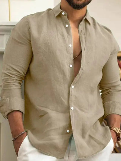 Solid Color Cotton Linen Plain Shirt Men Classic Button-up