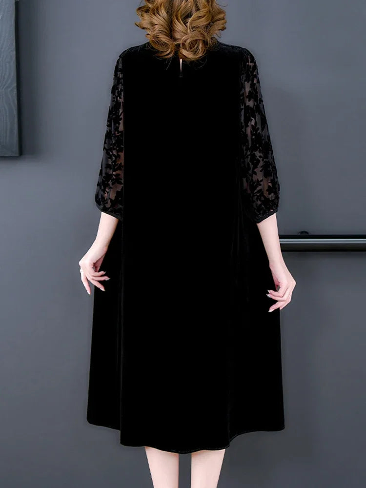 Velvet Chic Hook Flower Hollow Sexy Midi Dress Women Solid