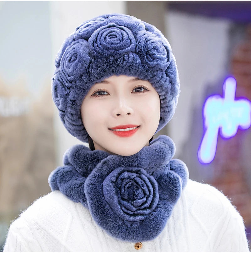Winter Fur Hat Scarf Sets Natural Warm Real Rex Rabbit Fur