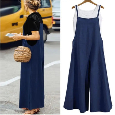 Sleeveless Jumpsuit Solid Color Wide Leg Casual Loose Cotton Linen