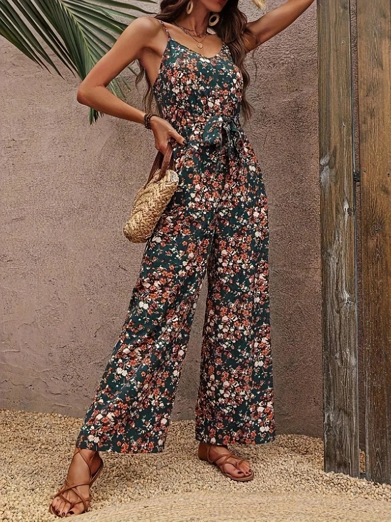 Jumpsuits for Women Summer Casual Printed Round Neck Suspender Jumpsuit