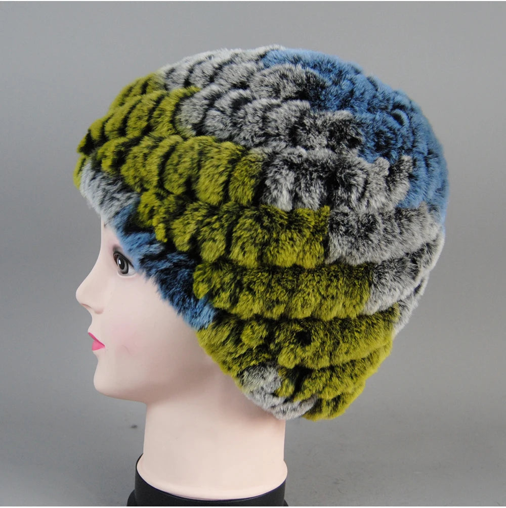 Real Rex Rabbit Winter Fur Hat For Women Russian Real Fur Knitted Cap