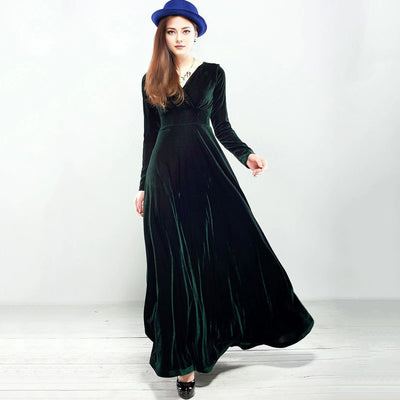 Long Sleeve V Neck Pleated Velvet Banquet Party Maxi Dress Party Wedding