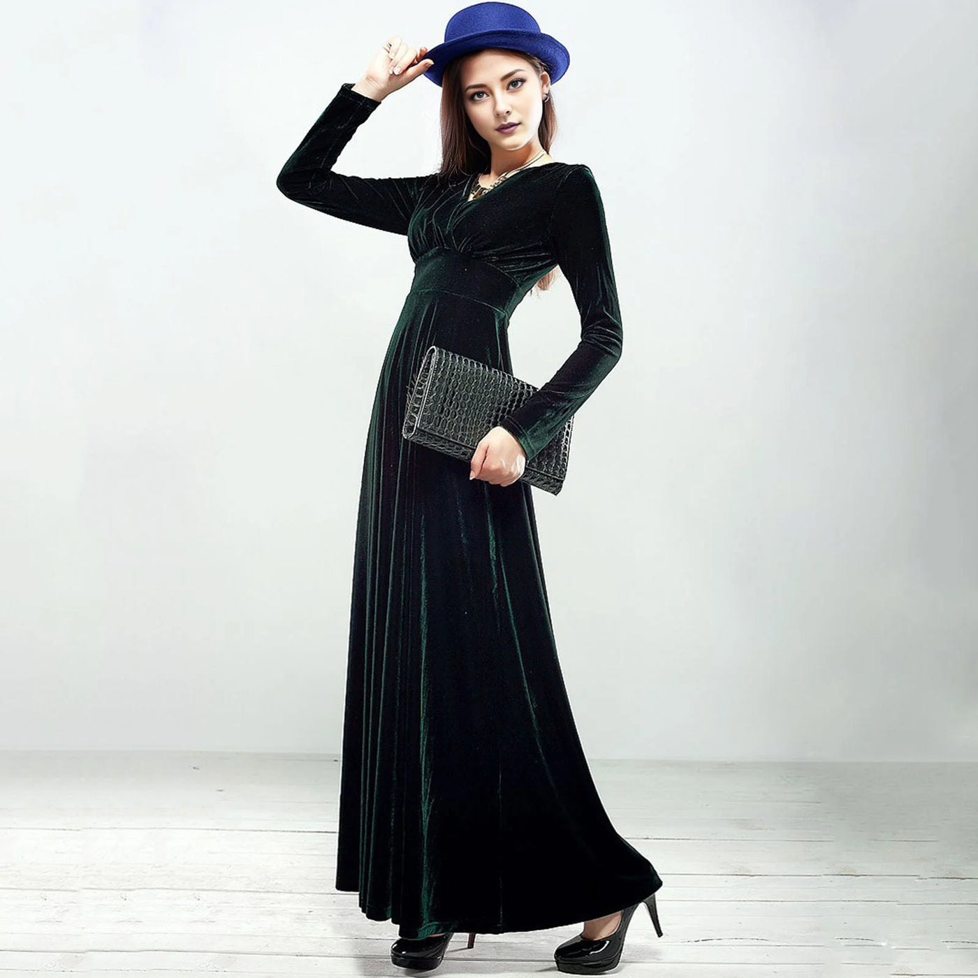 Long Sleeve V Neck Pleated Velvet Banquet Party Maxi Dress Party Wedding