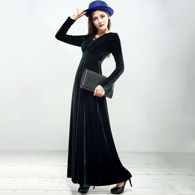Long Sleeve V Neck Pleated Velvet Banquet Party Maxi Dress Party Wedding