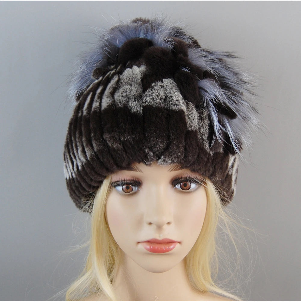 Luxury Women Fur Hat For Winter Handmade Natural Rex Rabbit Fox .
