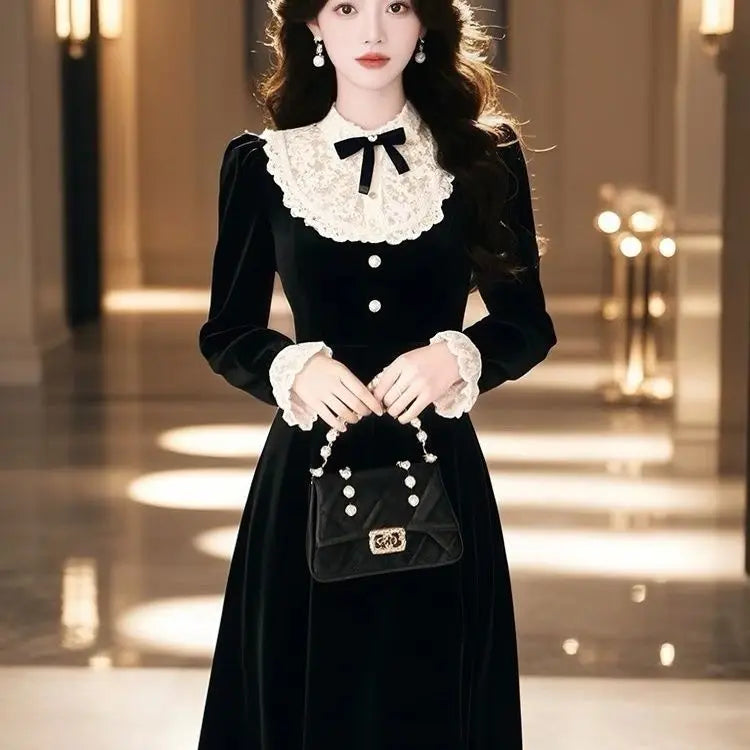 Velvet Dress Women Fashion Lace Patcwork Bow Puff Sleeve Midi Length