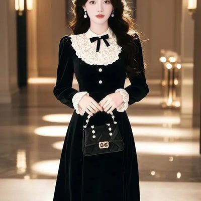 Velvet Dress Women Fashion Lace Patcwork Bow Puff Sleeve Midi Length