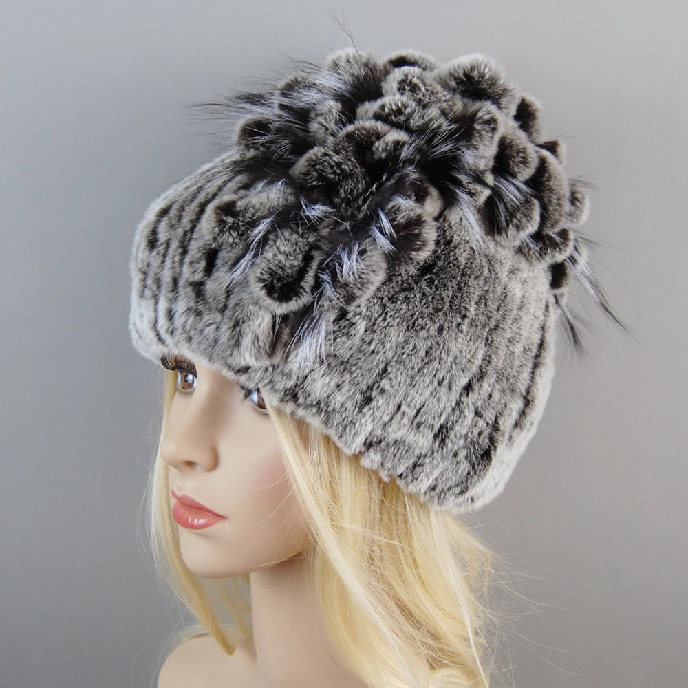 Luxury Women Fur Hat For Winter Handmade Natural Rex Rabbit Fox .