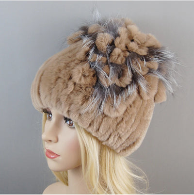 Luxury Women Fur Hat For Winter Handmade Natural Rex Rabbit Fox .