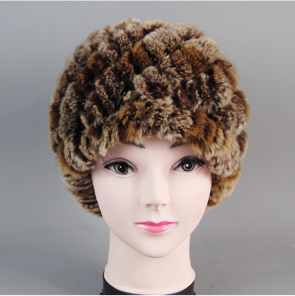 Real Rex Rabbit Winter Fur Hat For Women Russian Real Fur Knitted Cap