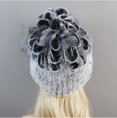 Luxury Women Fur Hat For Winter Handmade Natural Rex Rabbit Fox .