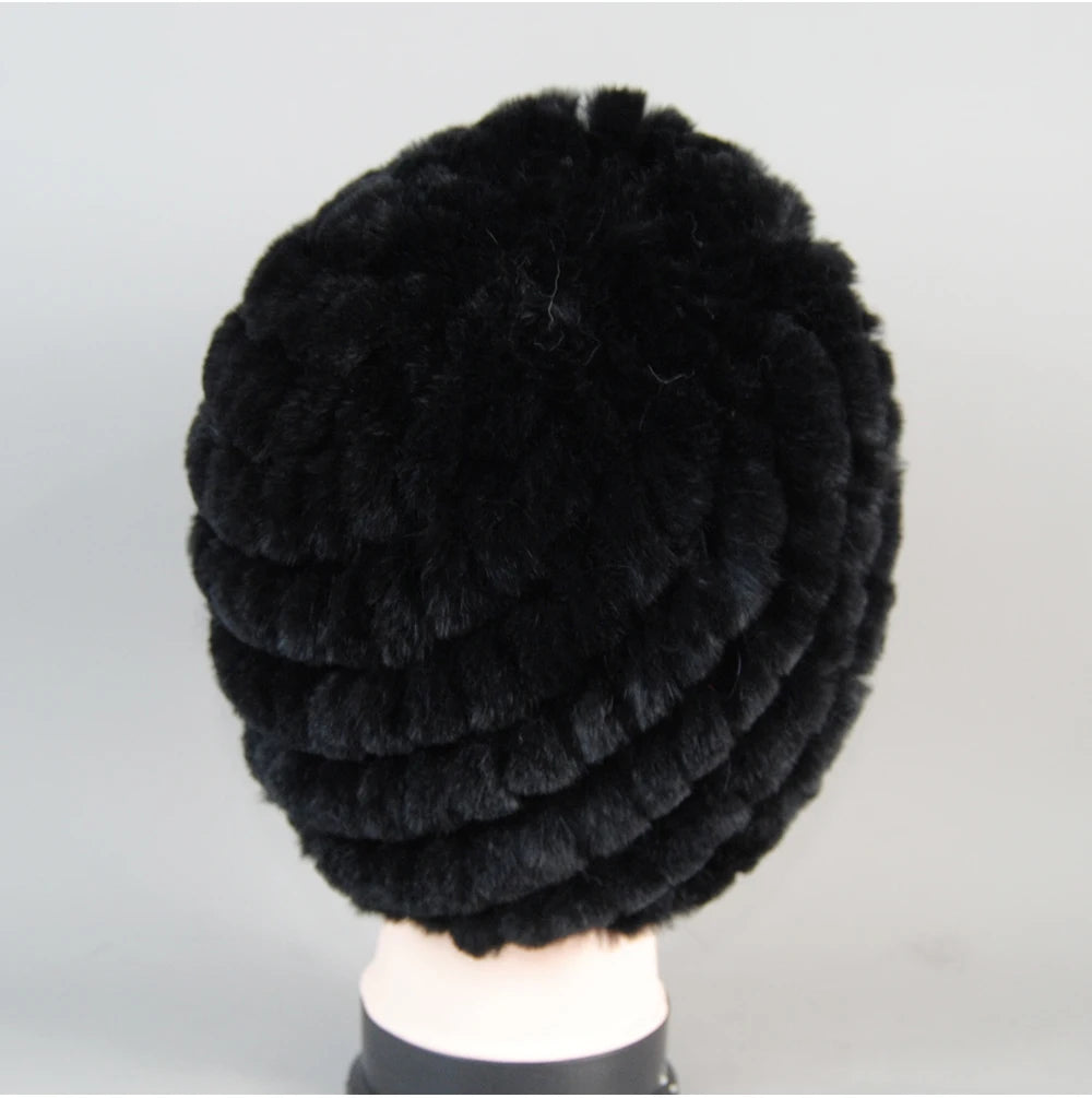 Real Rex Rabbit Winter Fur Hat For Women Russian Real Fur Knitted Cap