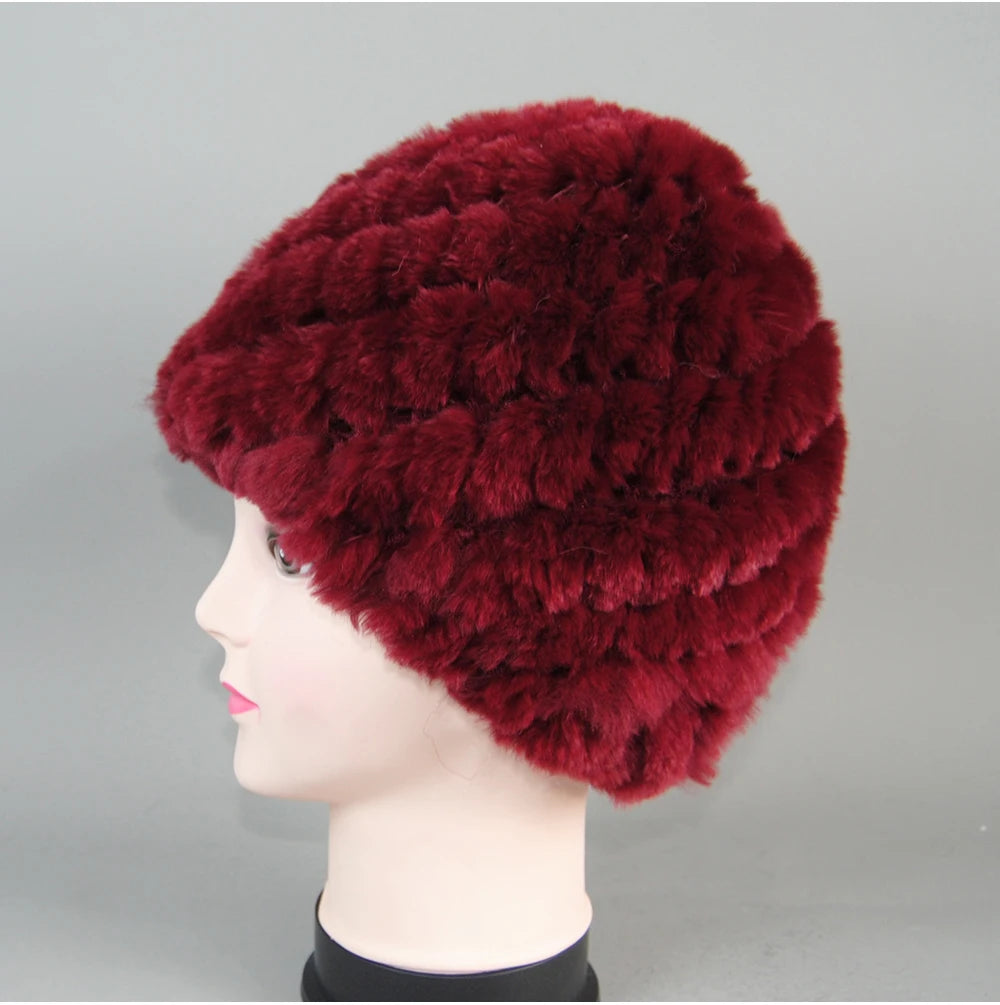 Real Rex Rabbit Winter Fur Hat For Women Russian Real Fur Knitted Cap