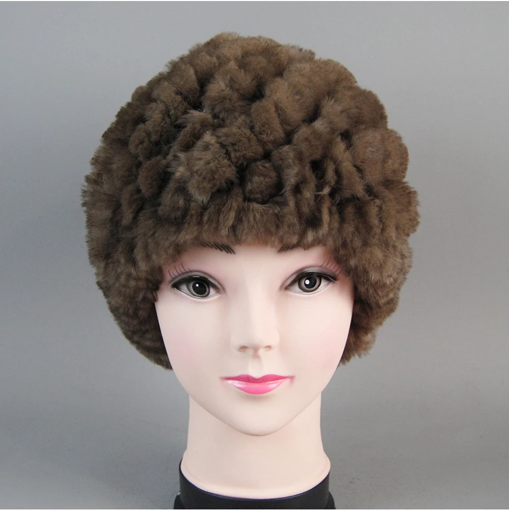 Real Rex Rabbit Winter Fur Hat For Women Russian Real Fur Knitted Cap