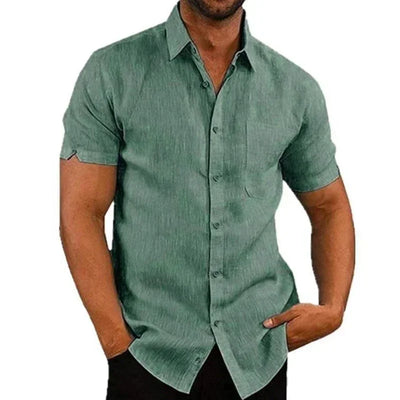Cotton Linen Shirts for Men Casual Short Sleeved Shirts Blouses Solid Turn-Down Collar