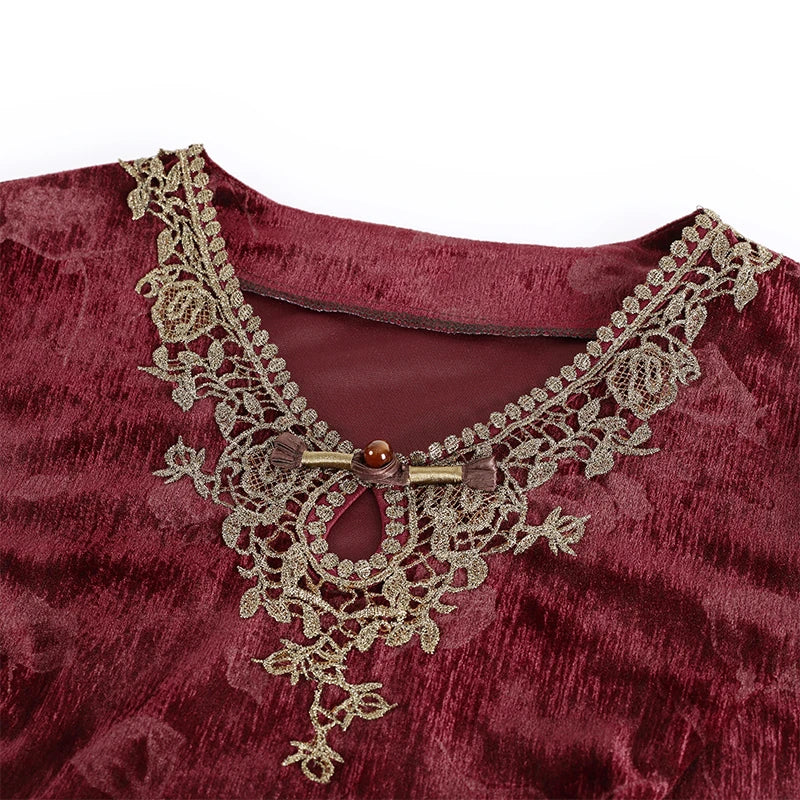 V-Neck Long Sleeve Velvet Dress Women's Meticulous Pocket Mid-Length Gown