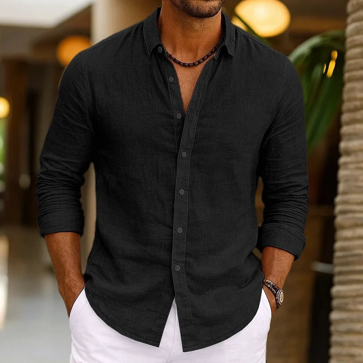 Men's Linen Shirt Summer Beachwear Button Solid Color Cotton Linen
