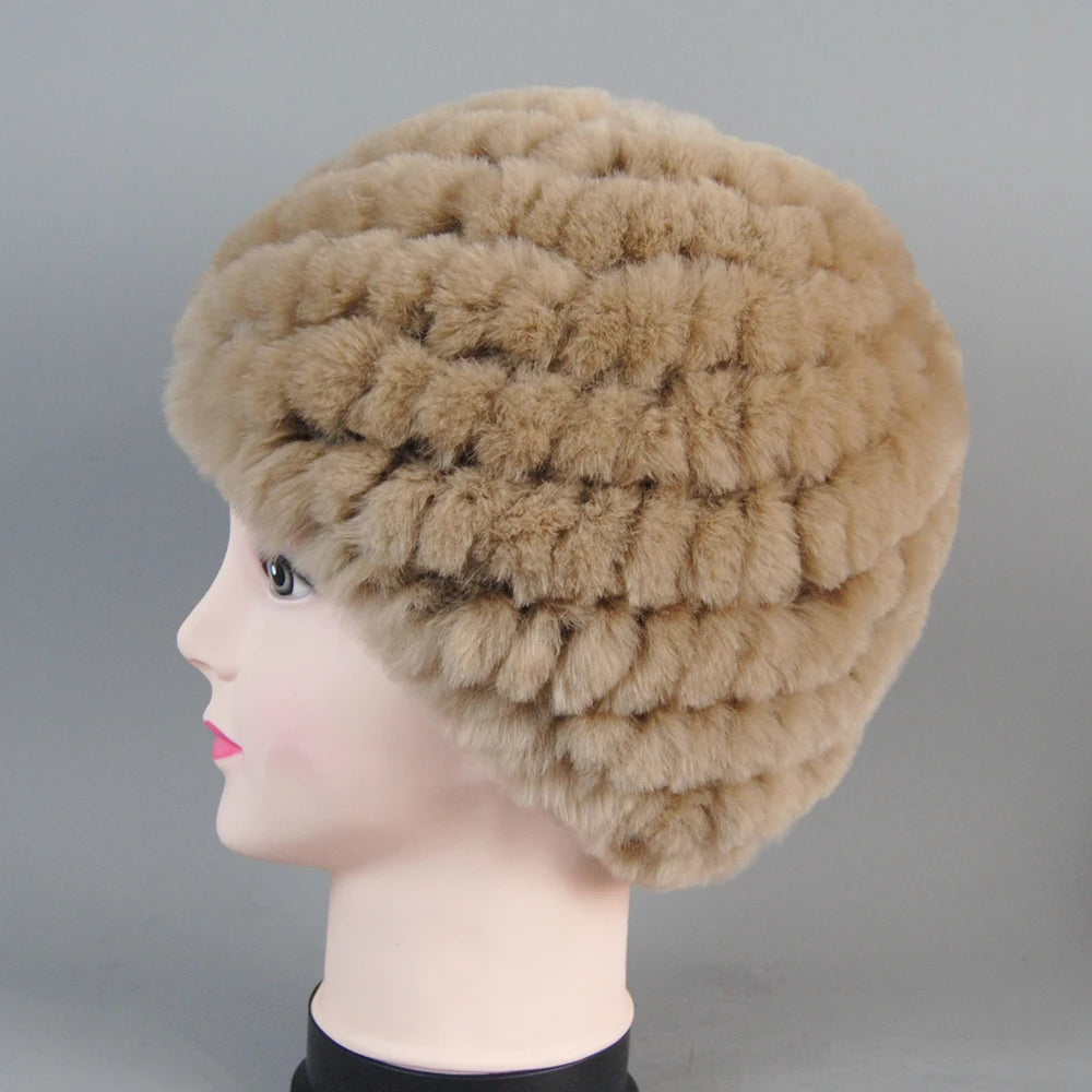 Real Rex Rabbit Winter Fur Hat For Women Russian Real Fur Knitted Cap