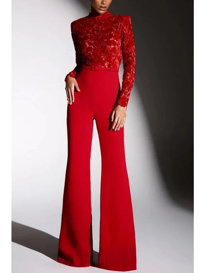 Long sleeved waistband jumpsuit flared pants| INS casual loose party jumpsuit