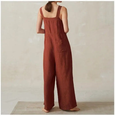 Women Cotton Linen Wide Leg Overalls Summer Fashion Off The Shoulder Sleeveless