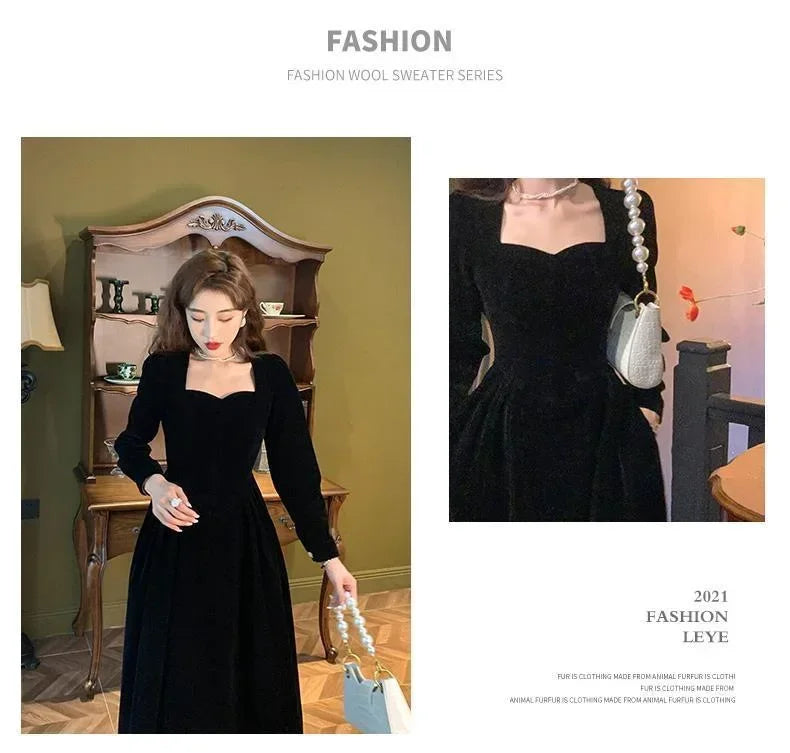 Gold Velvet Women's Dress Elegant Waist-Cinching Ladylike Style