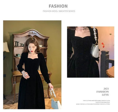 Gold Velvet Women's Dress Elegant Waist-Cinching Ladylike Style