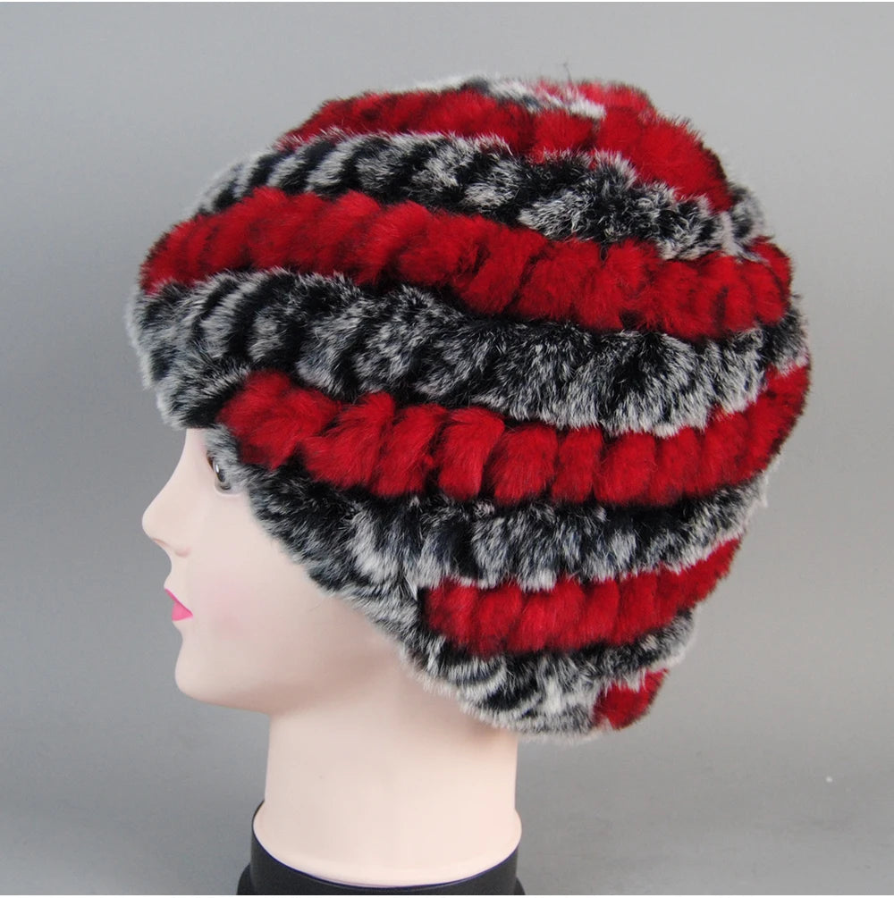 Real Rex Rabbit Winter Fur Hat For Women Russian Real Fur Knitted Cap
