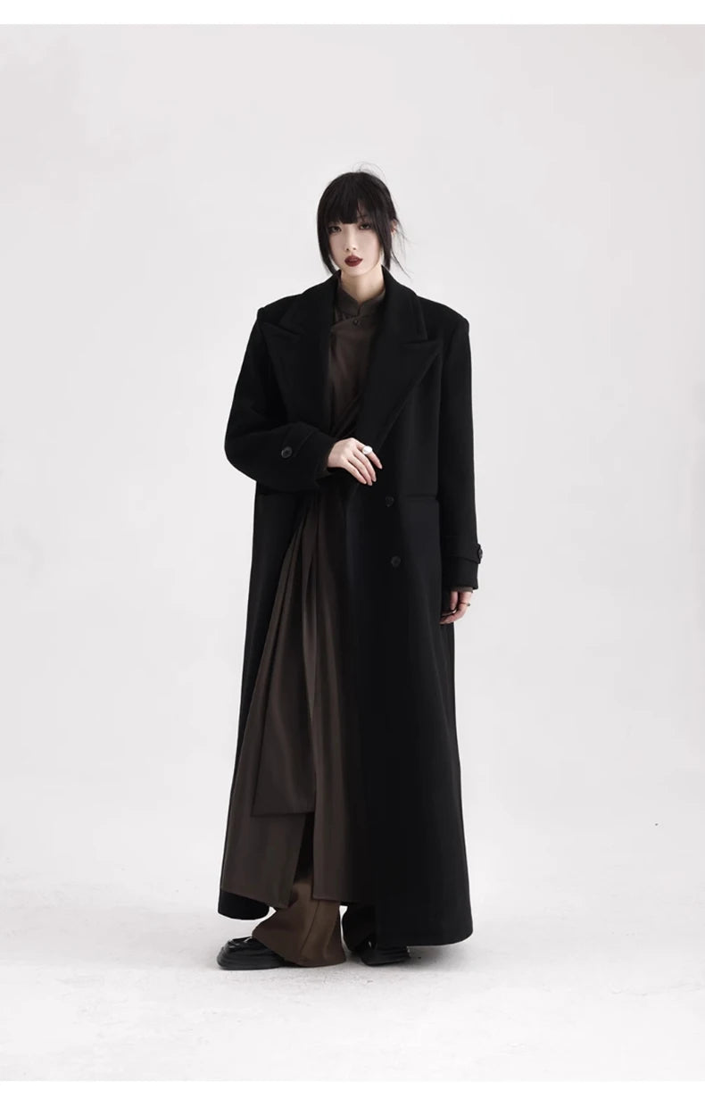 Winter Luxury Extra Long Black Warm Soft Wool & blends Coat for Women