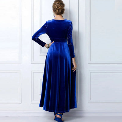 Long Sleeve V Neck Pleated Velvet Banquet Party Maxi Dress Party Wedding