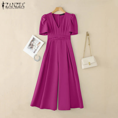 Office Casual Loose Short Sleeve Playsuits Solid Color Wide Leg Jumpsuits