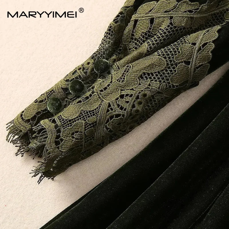 MARYYIMEI Fashion design Women's Dress Lace Splicing Long-Sleeved Beading Pretty Slim-Fit Hip Wrap Elegant Velvet Dresses