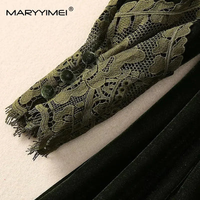 MARYYIMEI Fashion design Women's Dress Lace Splicing Long-Sleeved Beading Pretty Slim-Fit Hip Wrap Elegant Velvet Dresses