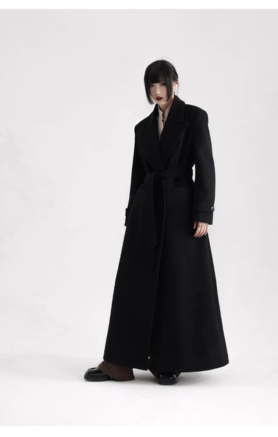 Winter Luxury Extra Long Black Warm Soft Wool & blends Coat for Women