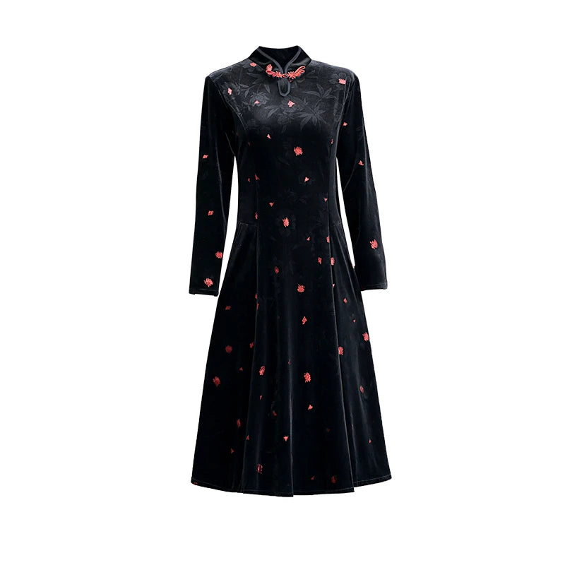 Embroidery Gold Velvet Cheongsam Long Dress Women