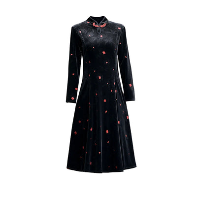 Embroidery Gold Velvet Cheongsam Long Dress Women