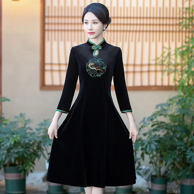 Long Dresses Female Golden Velvet Cheongsam Dress