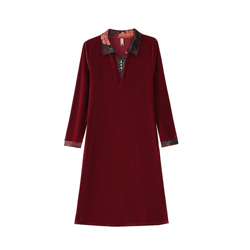 Velvet Midi Dress Women's Velvet Full Sleeve Knee-length Regular Shirt