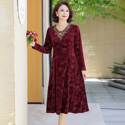 V-Neck Long Sleeve Velvet Dress Women's Meticulous Pocket Mid-Length Gown